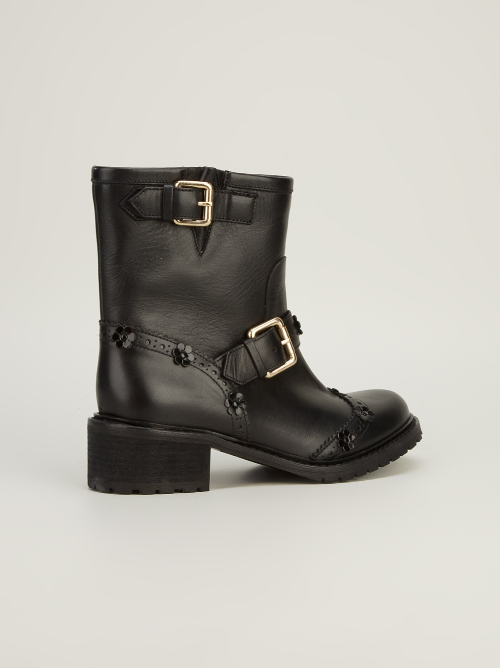 Red valentino Floral Detail Buckled Boot in Black | Lyst
