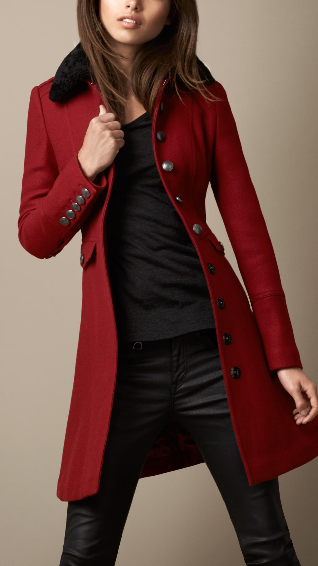 Lyst - Burberry Shearling Collar Military Coat in Red