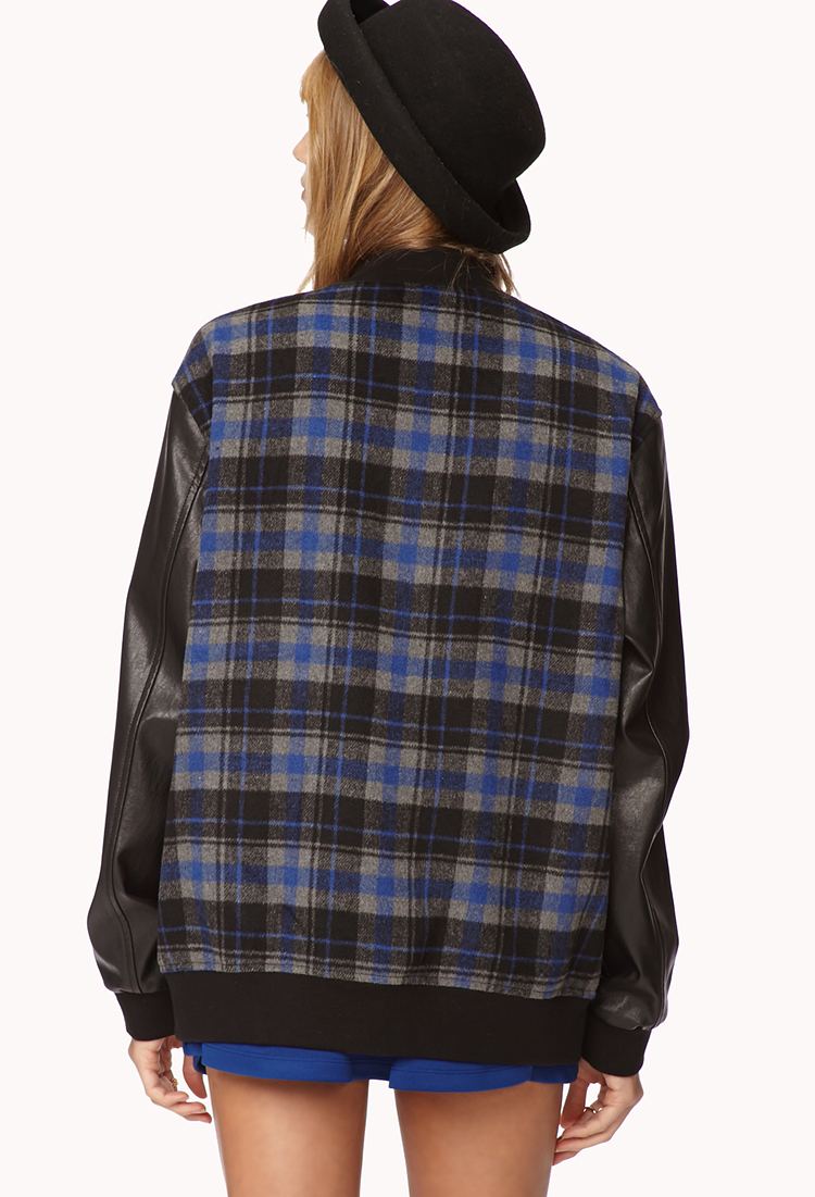 Lyst Forever 21 Oversized Plaid Varsity Jacket in Blue