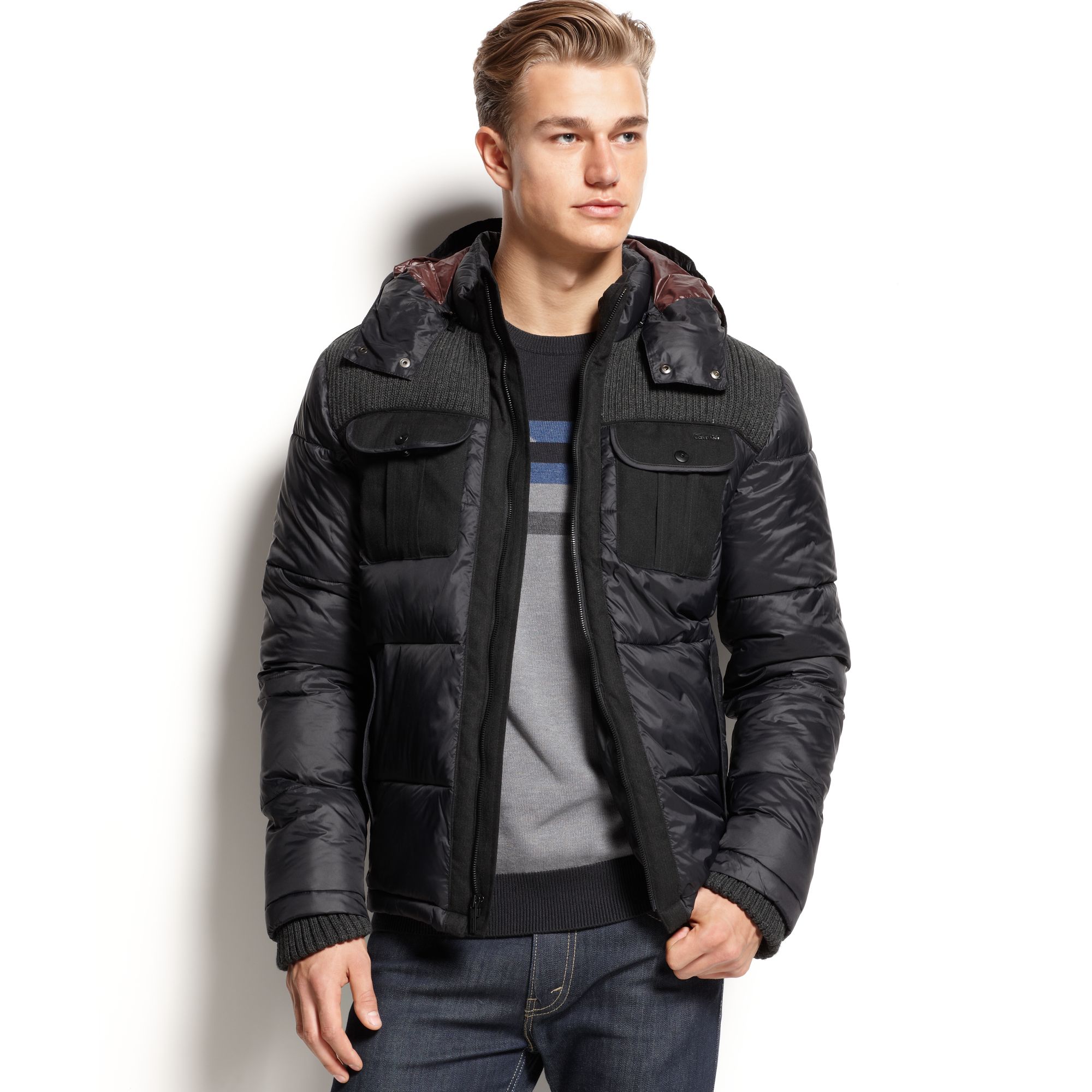 Lyst Calvin Klein Mixed Media Puffer Jacket In Black For Men Gallery Previously Sold At Macy S Men Houndstooth Jackets