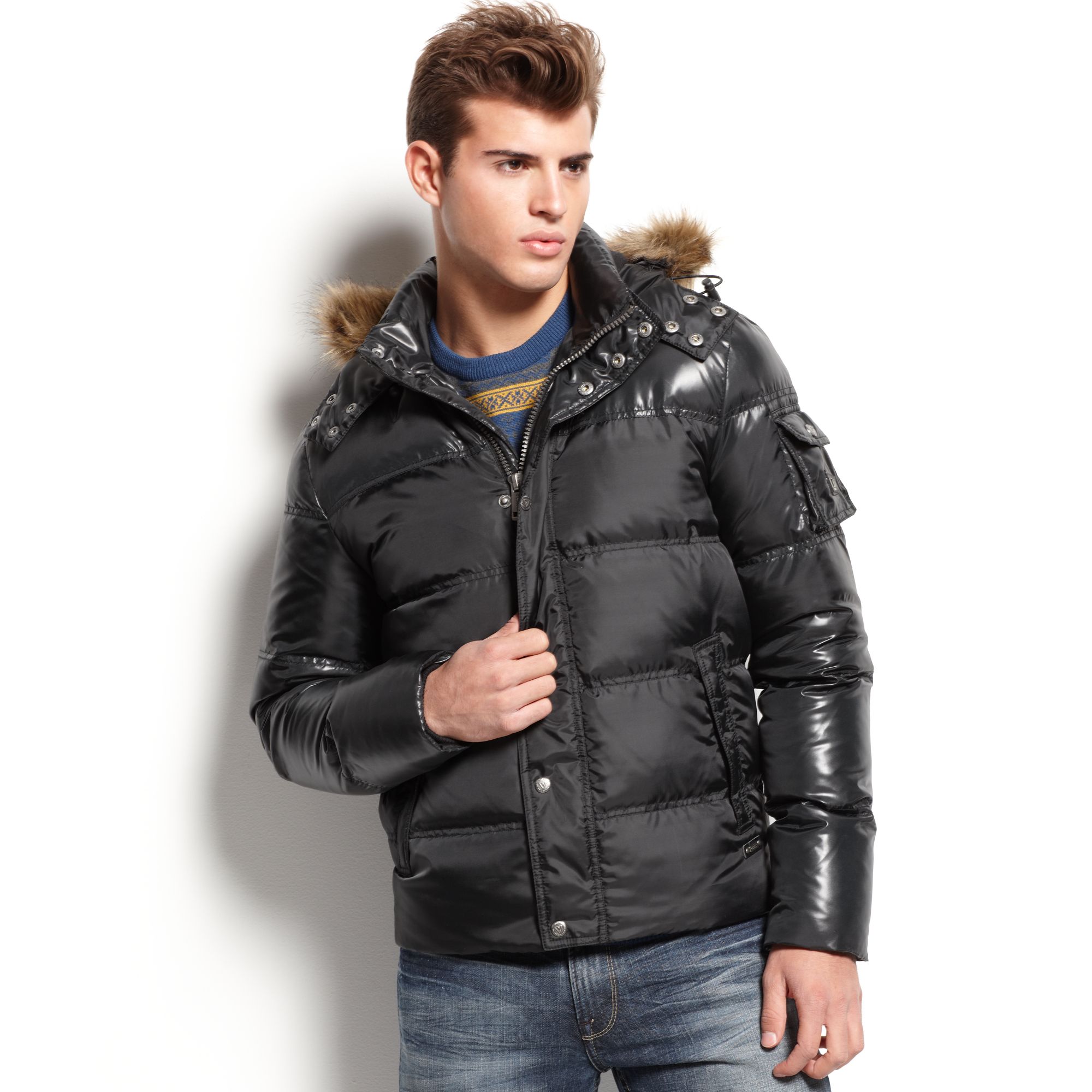 Lyst Guess Faux Fur Hooded Puffer Jacket In Black For Men