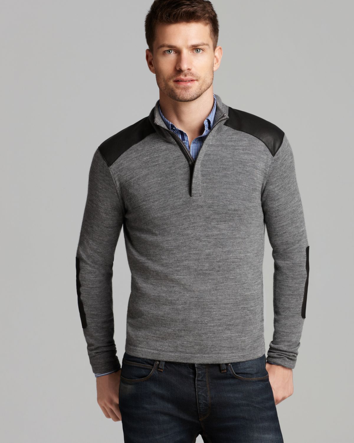 Lyst - Michael Kors Leather Trim Half Zip Sweater in Gray for Men