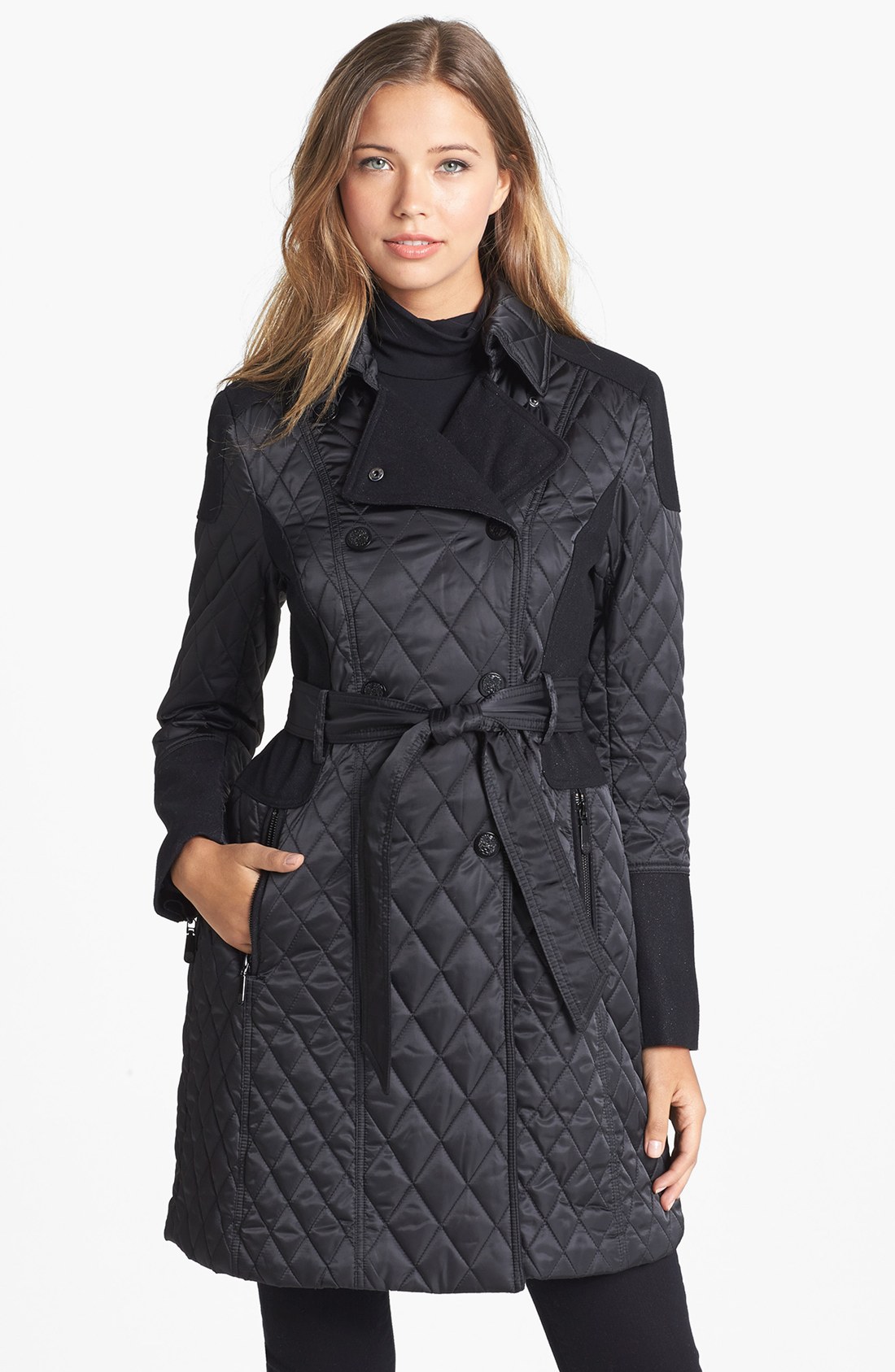 Vince Camuto Contrast Trim Quilted Coat in Black | Lyst