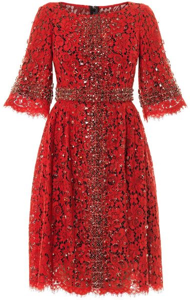 Dolce & Gabbana Embellishedcross Lace Dress in Red | Lyst