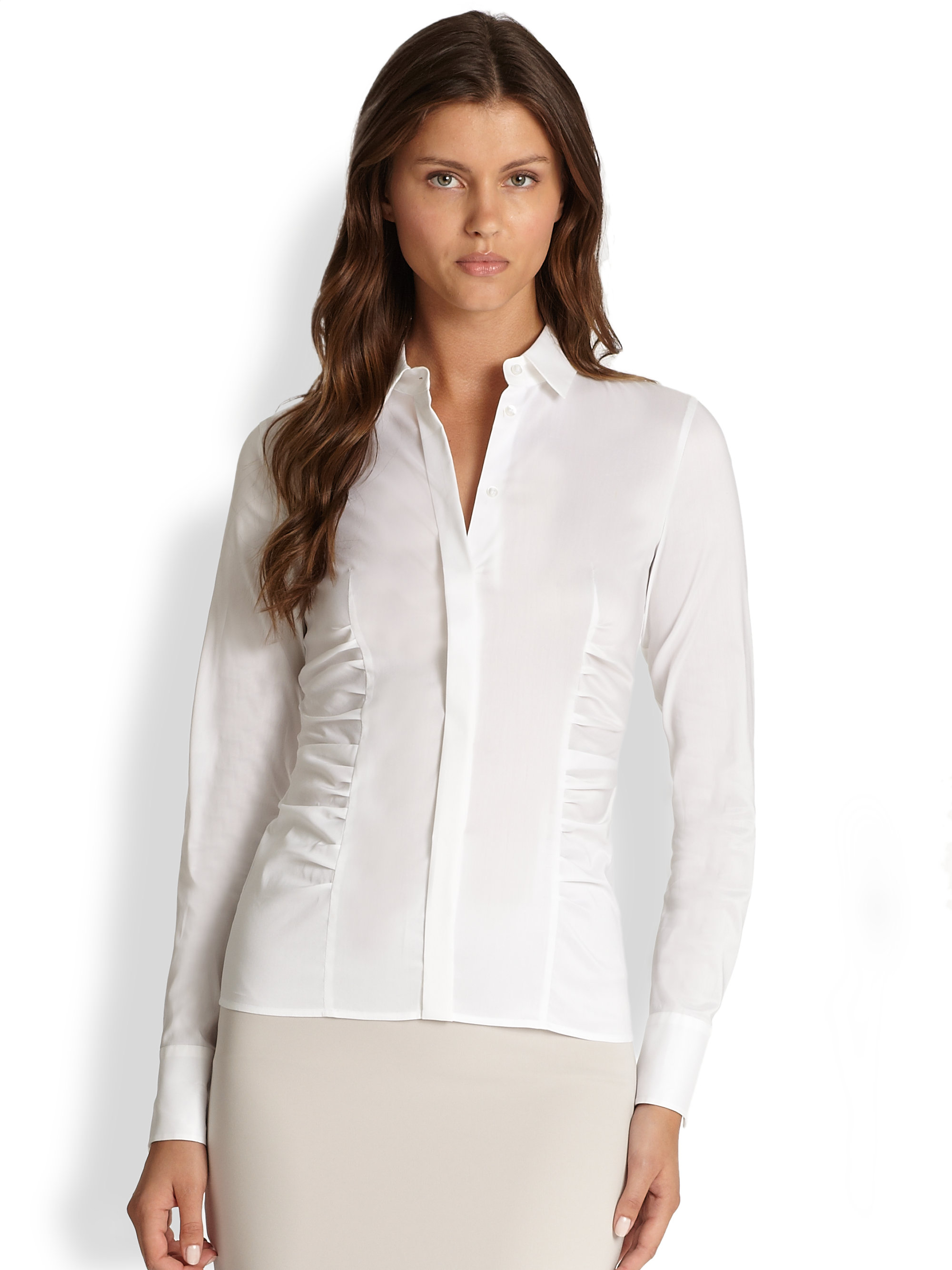 Boss By Hugo Boss Ruched Cotton Blouse in White | Lyst