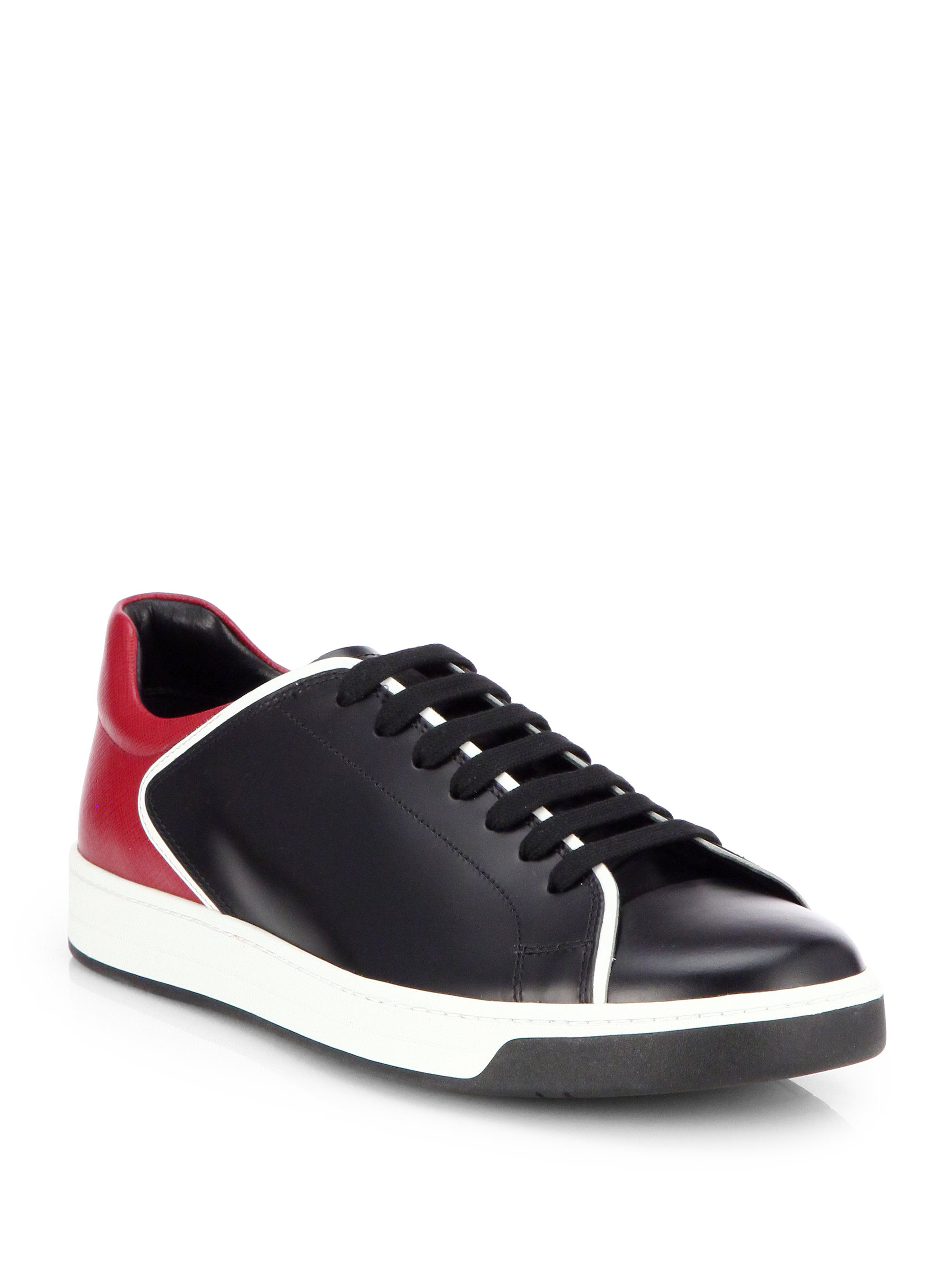 Prada Bicolor Leather Laceup Sneakers in Red for Men (BLACK-RED) | Lyst