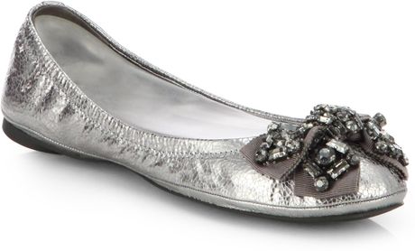 Tory Burch Azalea Jeweled Mirror Leather Ballet Flats in Silver (PEWTER ...
