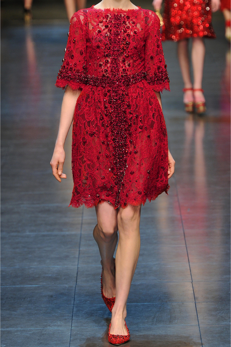 Lyst - Dolce & Gabbana Crystal Embellished Lace Dress in Red