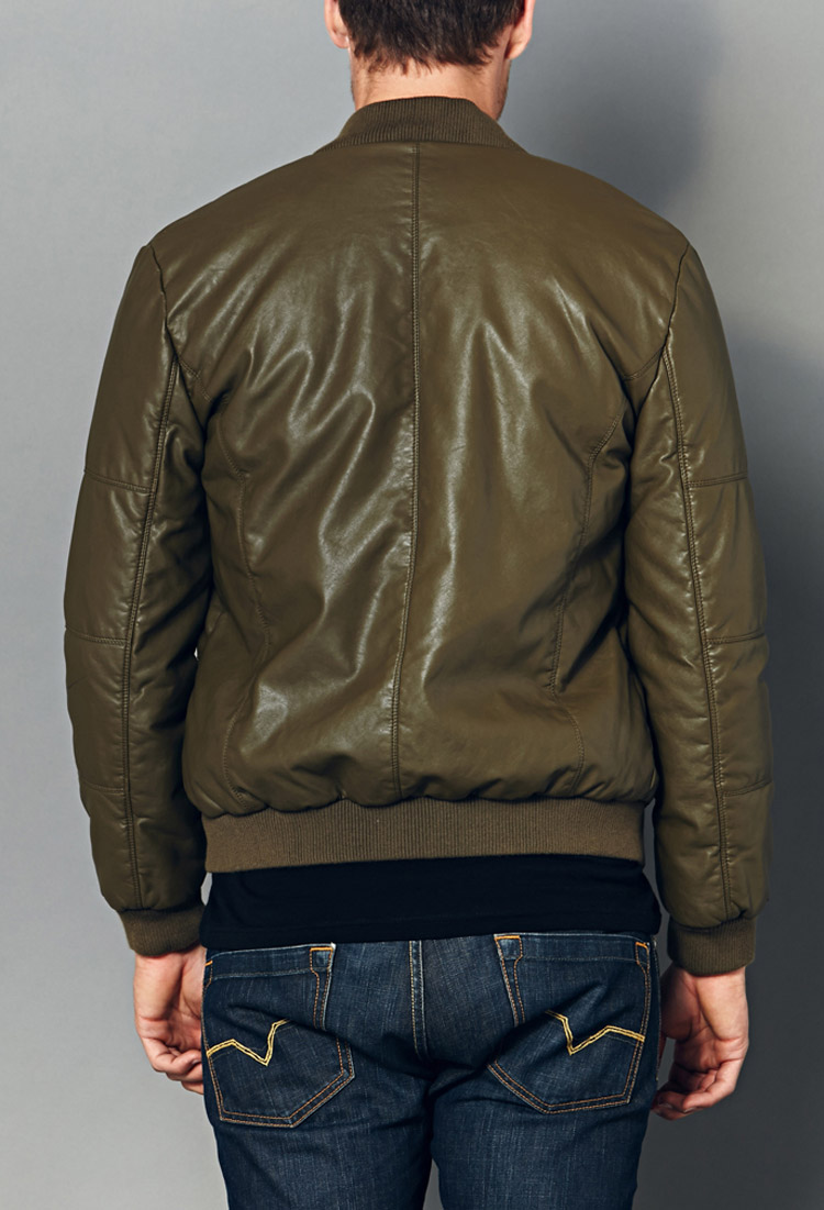 Lyst - Forever 21 Faux Leather Bomber Jacket in Green for Men