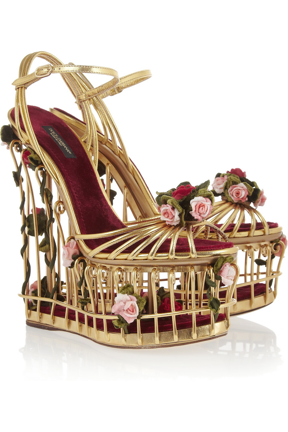 Dolce & Gabbana Roseembellished Metallic Leather Cage Sandals - Lyst