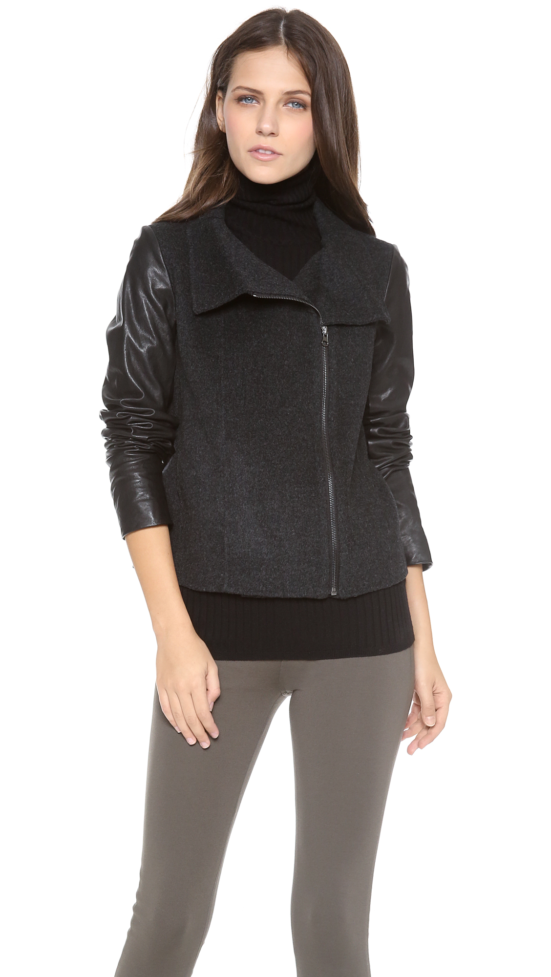 Lyst - Vince Funnel Neck Jacket with Leather Sleeves in Gray
