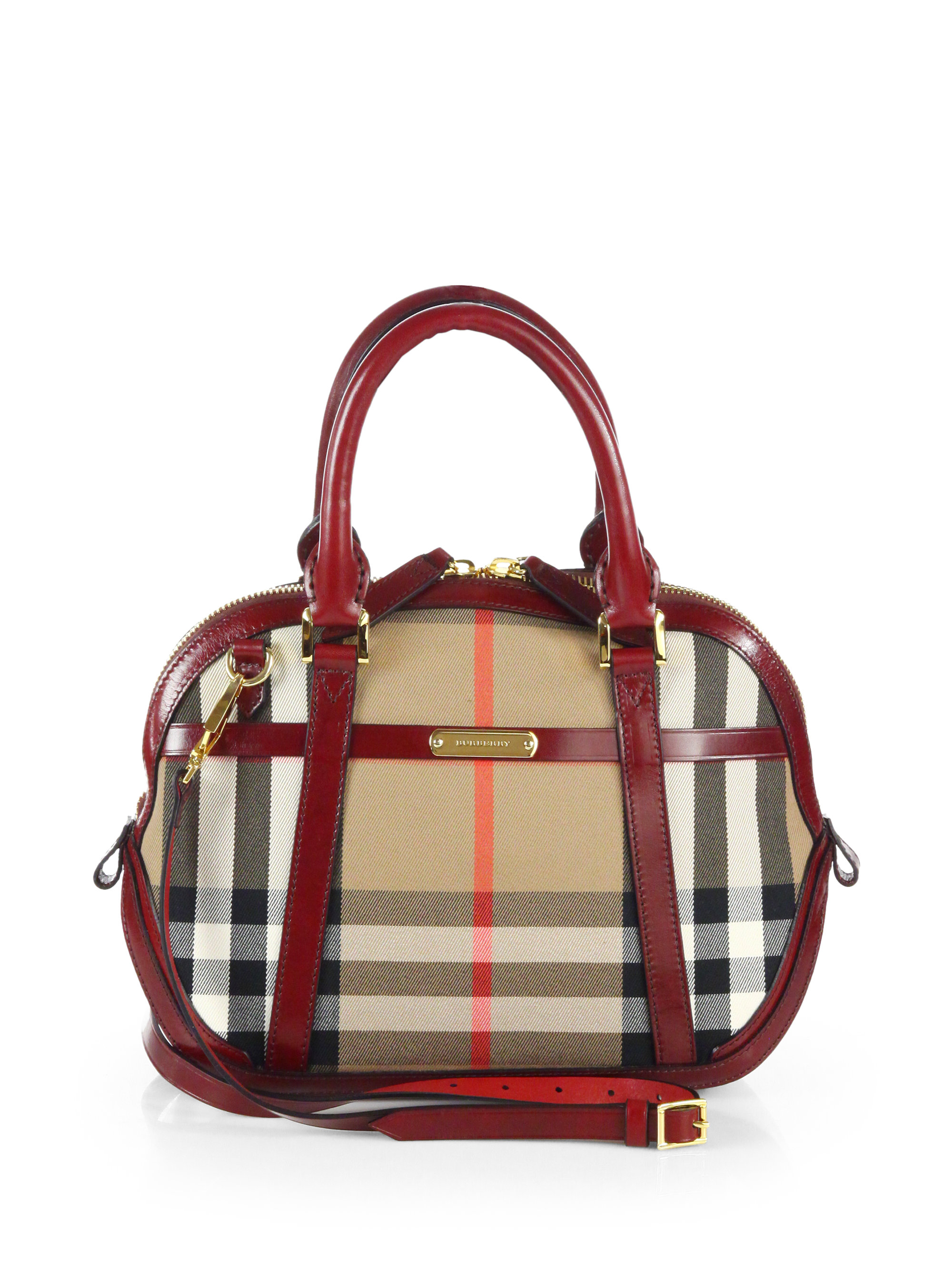 Lyst Burberry Orchard Small Checkprint Bowling Bag In Red Gallery