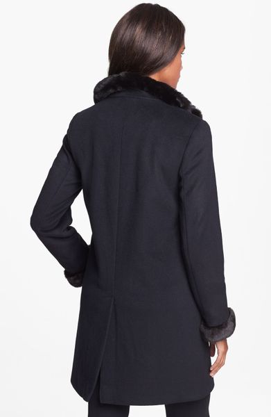 Ellen Tracy Faux Fur Trim Wool Blend Coat in Black | Lyst