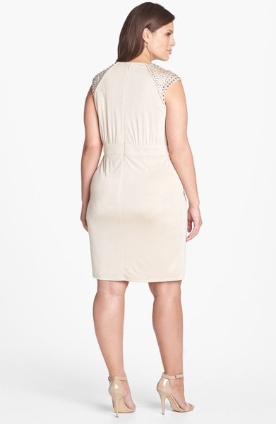 Vince Camuto Embellished Faux Wrap Dress in Beige (Champagne) | Lyst