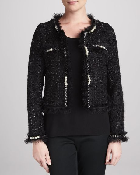 Michael Simon Glam Tweed Jacket with Faux Pearls in Black | Lyst