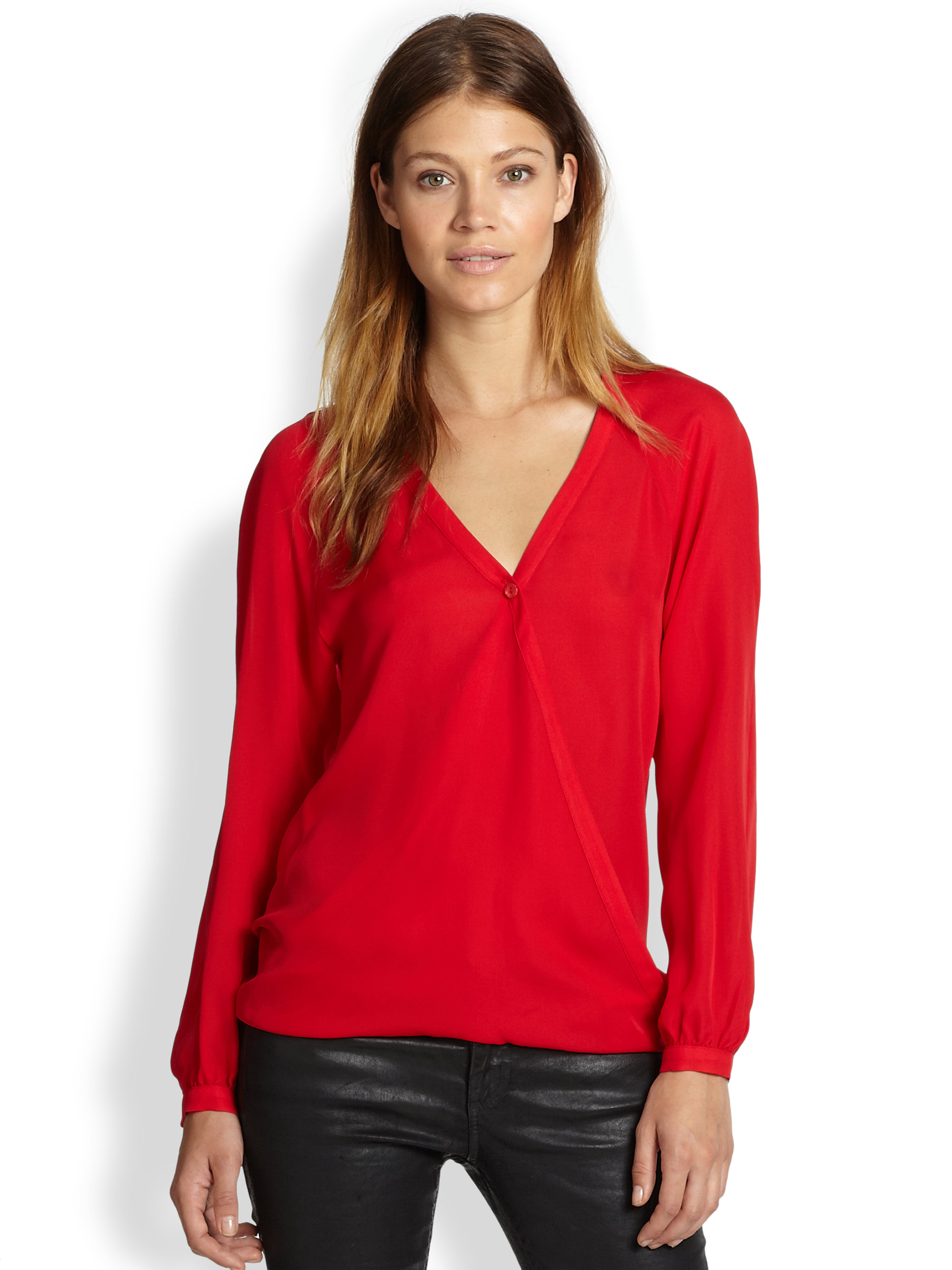 Parker Mae Silk Wrapeffect Blouse in Red | Lyst