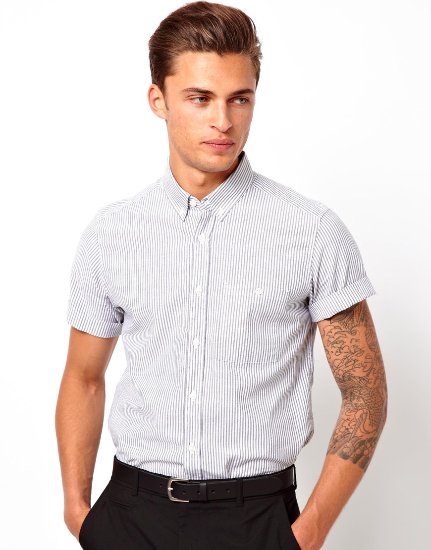 Asos Oxford Shirt in Short Sleeve with Stripe in Gray for Men | Lyst