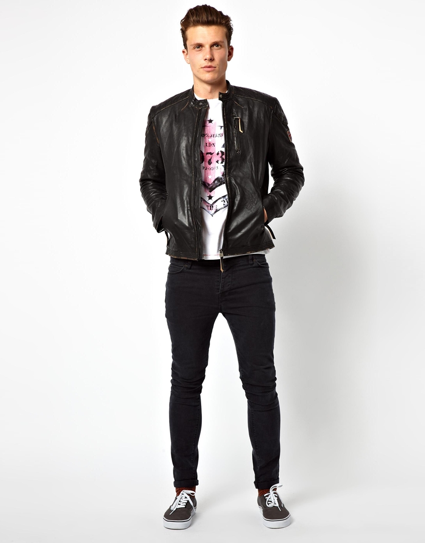 Lyst - Pepe Jeans Leather Biker Jacket in Black for Men