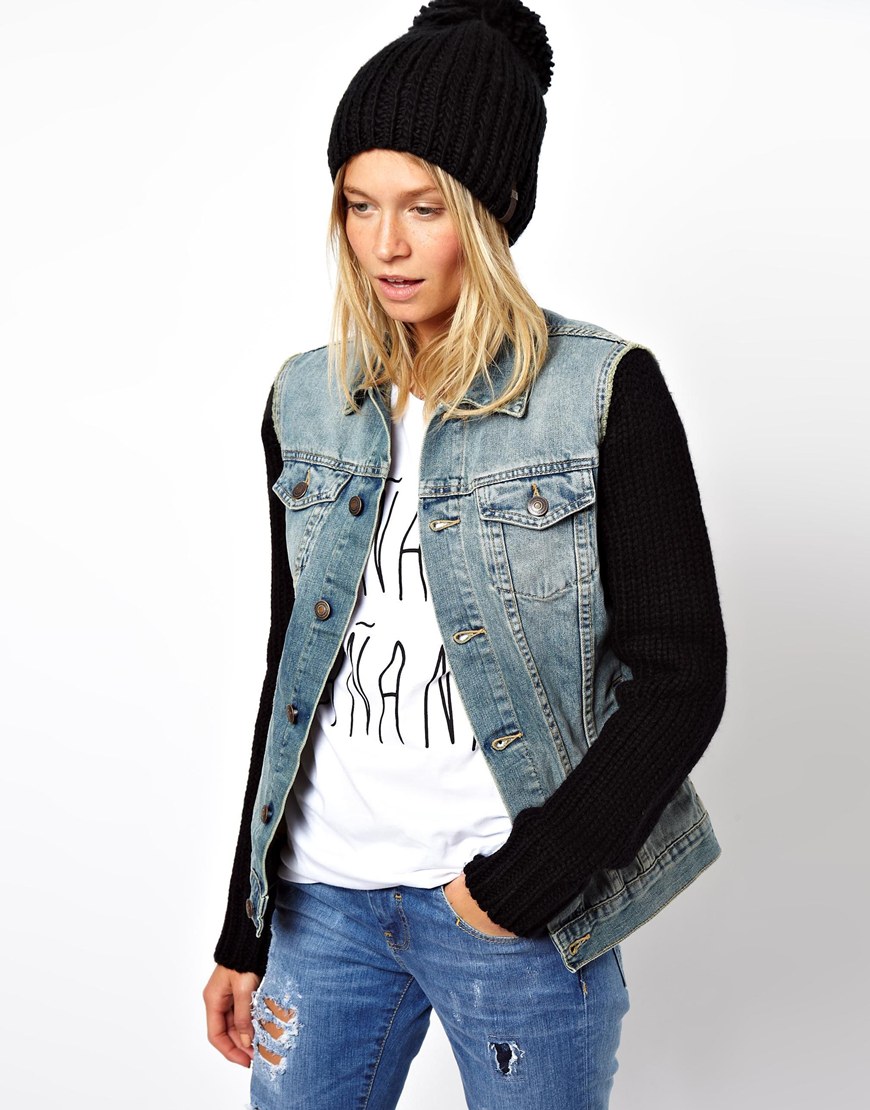 Asos Knitted Sleeve Denim Jacket In Vintage Wash Blue Lyst Gallery