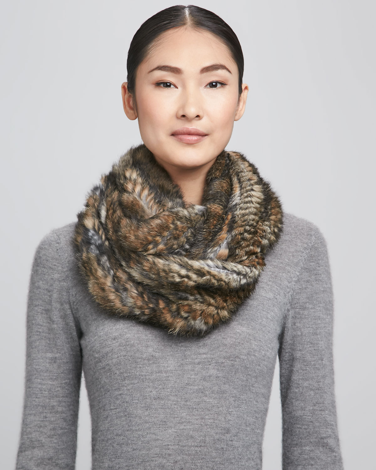 Jocelyn Rabbit Fur Knit Snood Brown in Gray (NATURAL) | Lyst