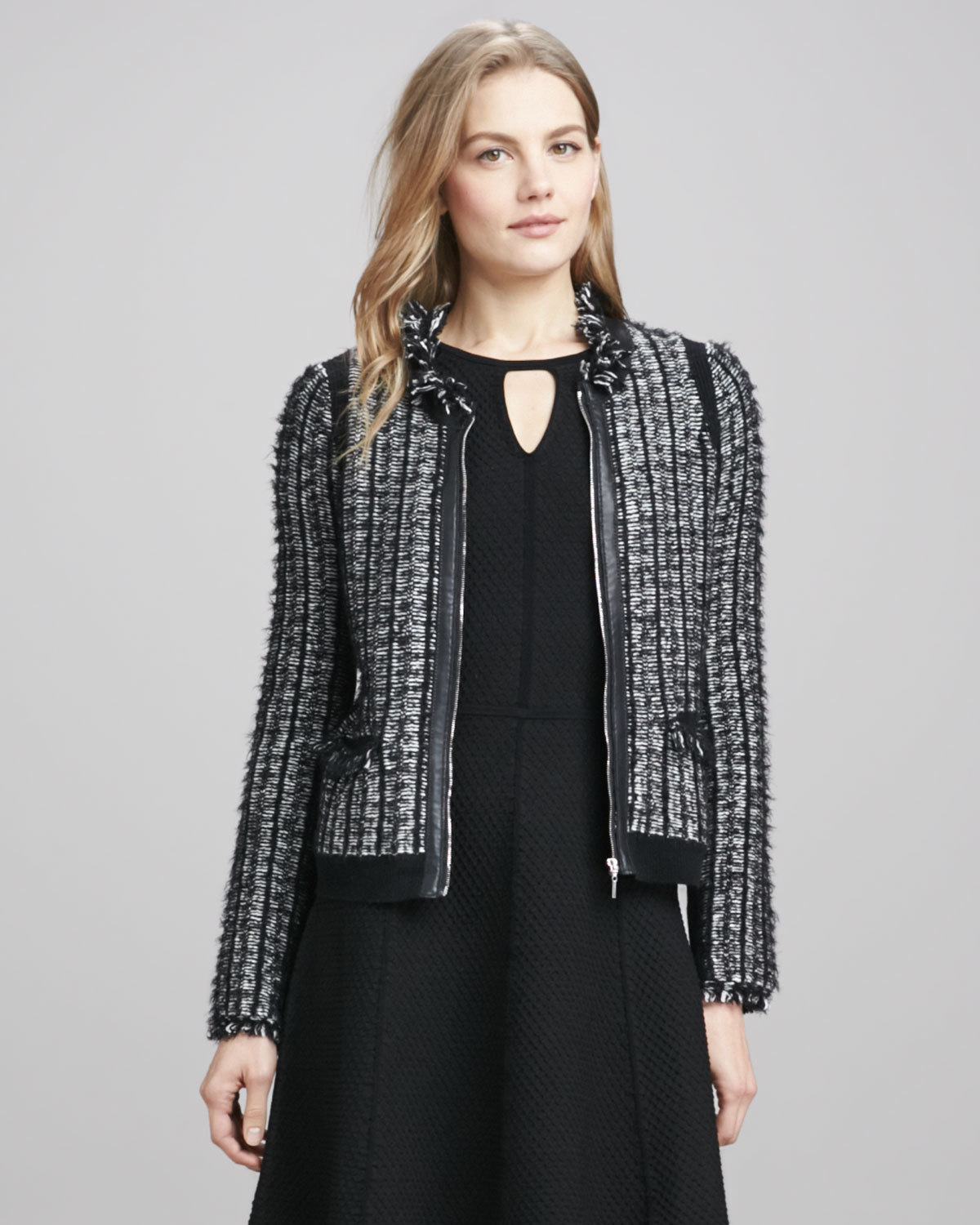 Rebecca Taylor Leathertrim Tweed Jacket in Black (BLACK/WHITE) | Lyst