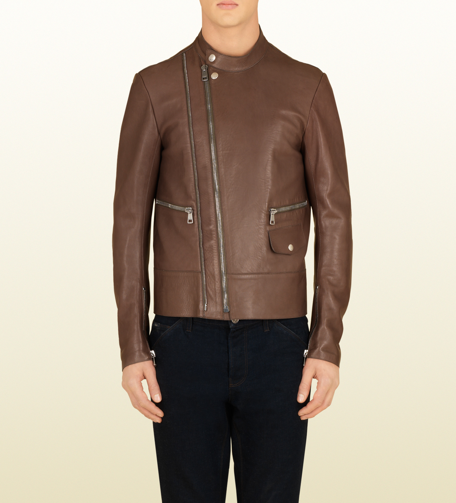 Gucci Leather Asymmetrical Zip Biker Jacket In Brown For Men Lyst Gallery