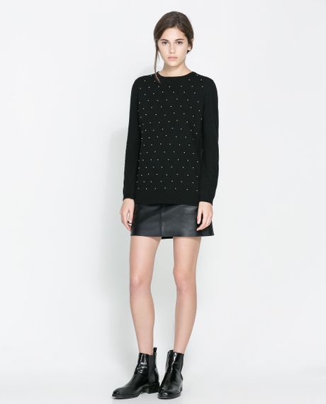 Zara Sweater with Pearls At The Front in Black | Lyst