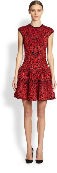 Alexander Mcqueen Jacquard Fitandflare Dress in Red (BLACK-ROSE) | Lyst