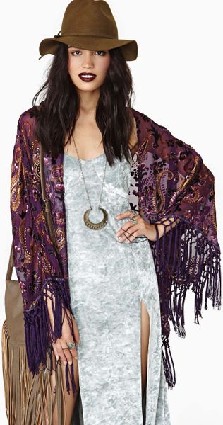 Nasty Gal Reverse Sweet Worship Velvet Fringe Kimono in Purple | Lyst