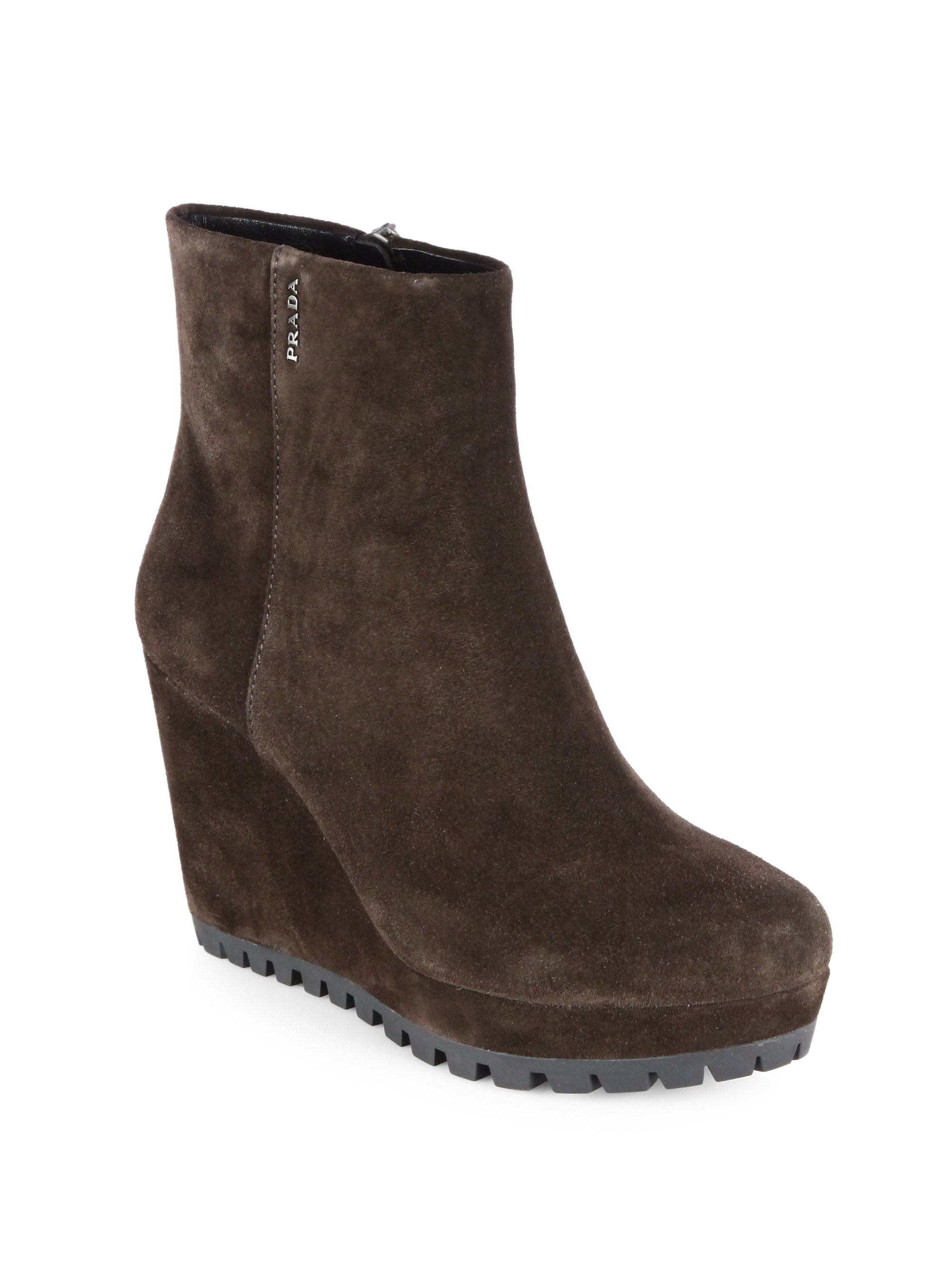 Prada Suede Wedge Ankle Boots In Brown Lyst 3603