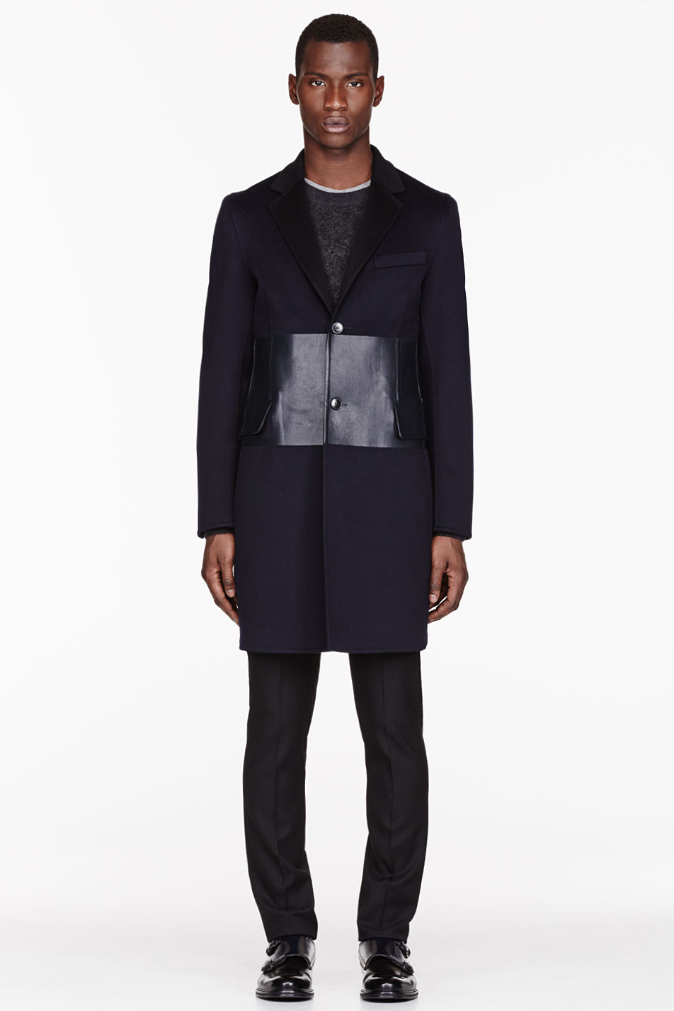 Lyst - Valentino Navy Wool and Bonded Leather Coat in Blue for Men