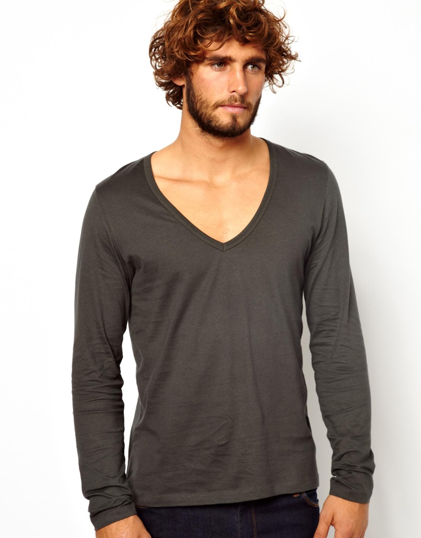Asos Long Sleeve Tshirt with Deep V Neck in Black for Men | Lyst
