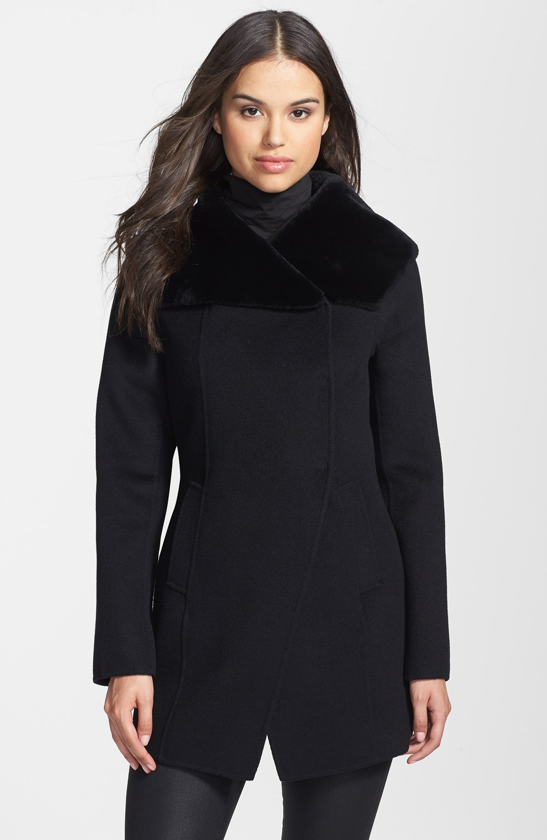 Dawn Levy Celine Genuine Shearling Collar Wool Coat in Black | Lyst