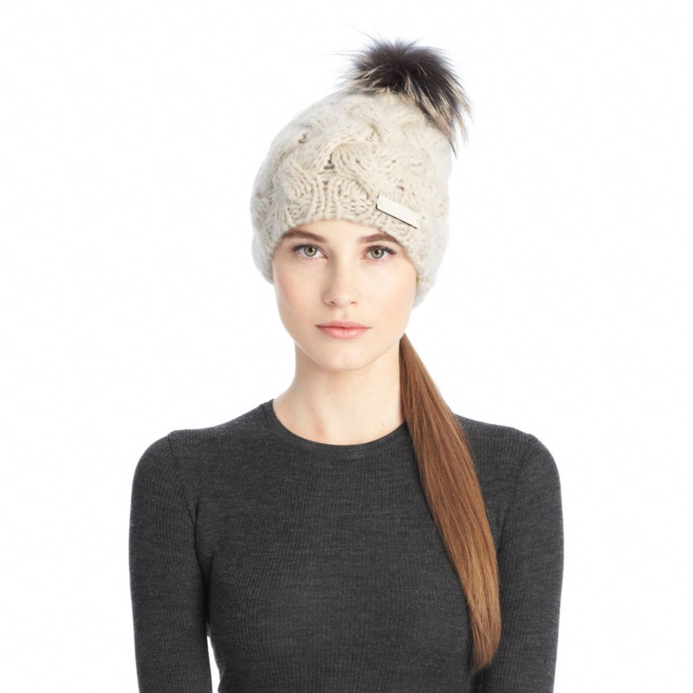 Coach Braided Cable Knit Hat with Fur Pom in White | Lyst