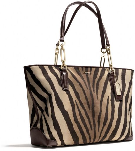 Coach Madison Eastwest Tote in Zebra Print Fabric in Animal (LIGHT GOLD ...