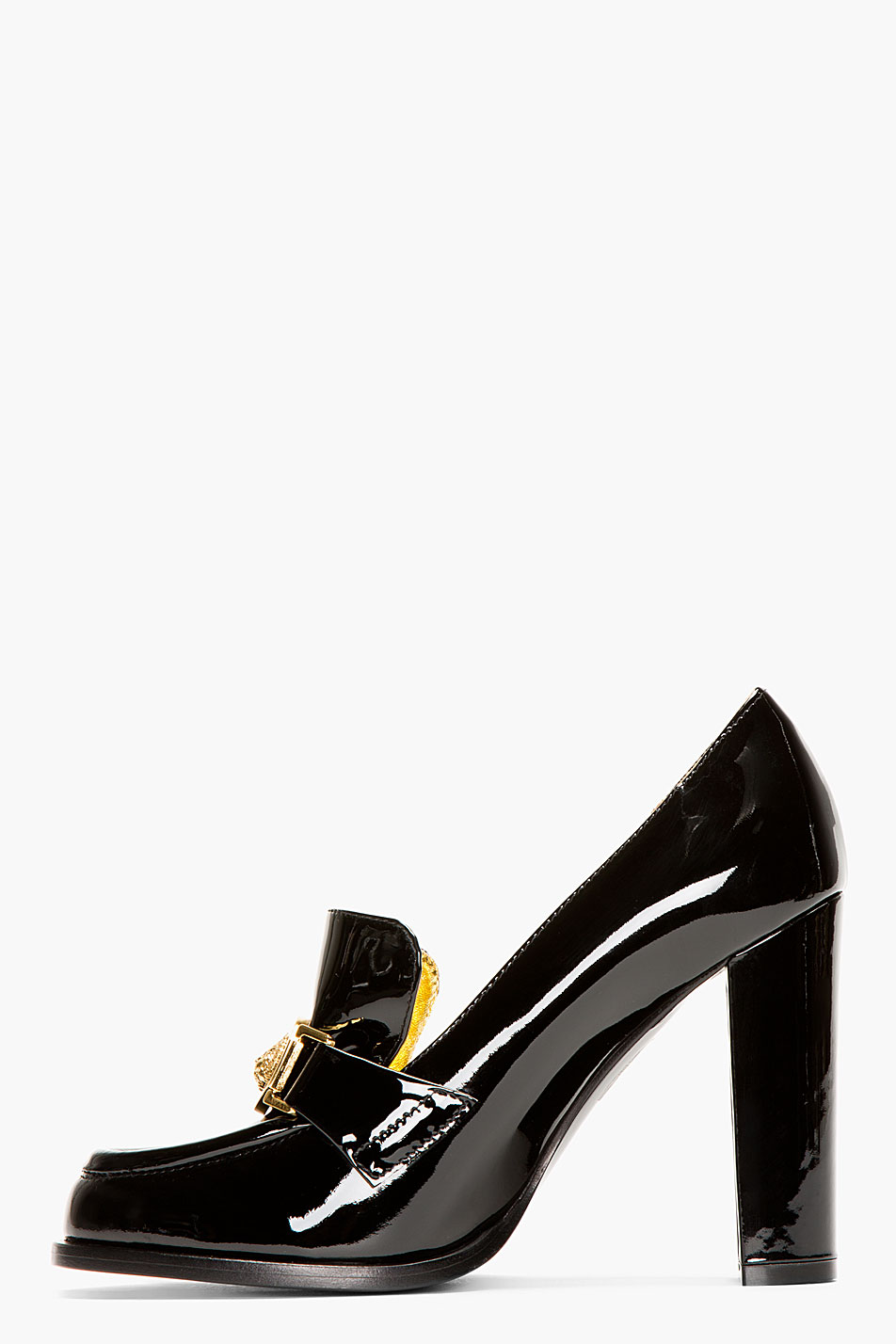 asos design storm chunky mid heeled loafers in black patent