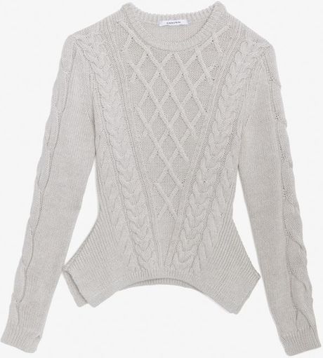 Carven Cable Knit Peplum Sweater in Gray (grey) | Lyst