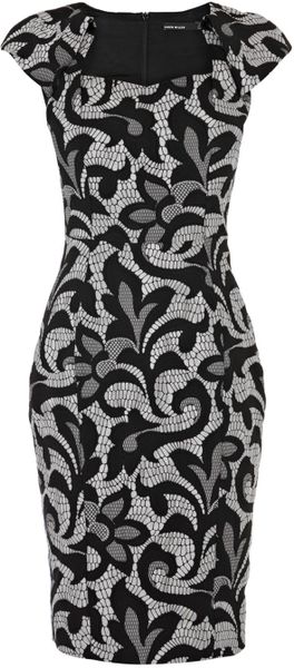 Karen Millen Jacquard Lace Effect Pencil Dress in Black (Silver) | Lyst