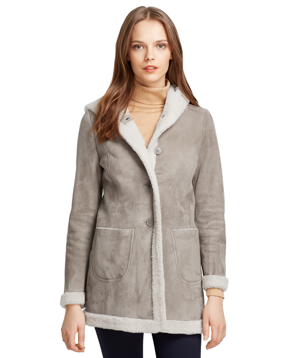 Lyst - Brooks Brothers Hooded Shearling Coat in Gray