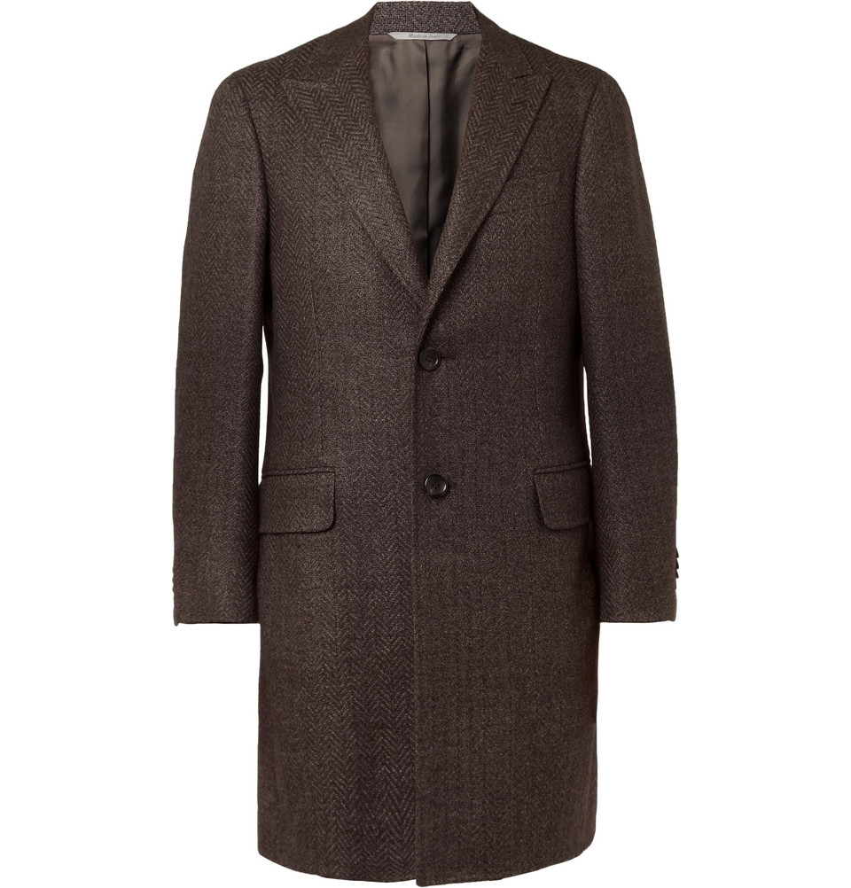 Canali Kei Herringbone Wool-Blend Coat in Brown for Men | Lyst