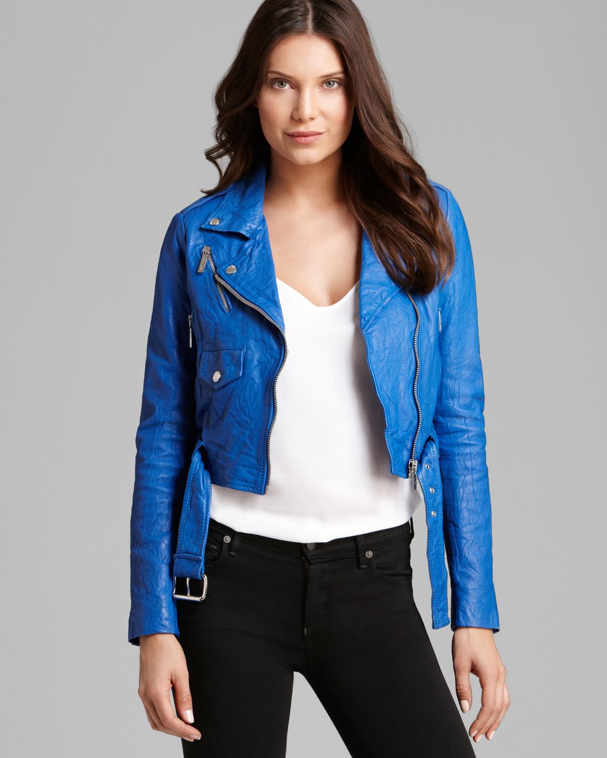 Lyst - Michael Michael Kors Cropped Leather Moto Jacket in Blue