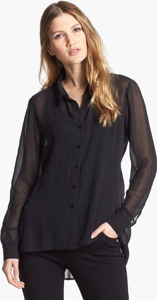 Eileen Fisher Sheer Silk Georgette Shirt in Black | Lyst