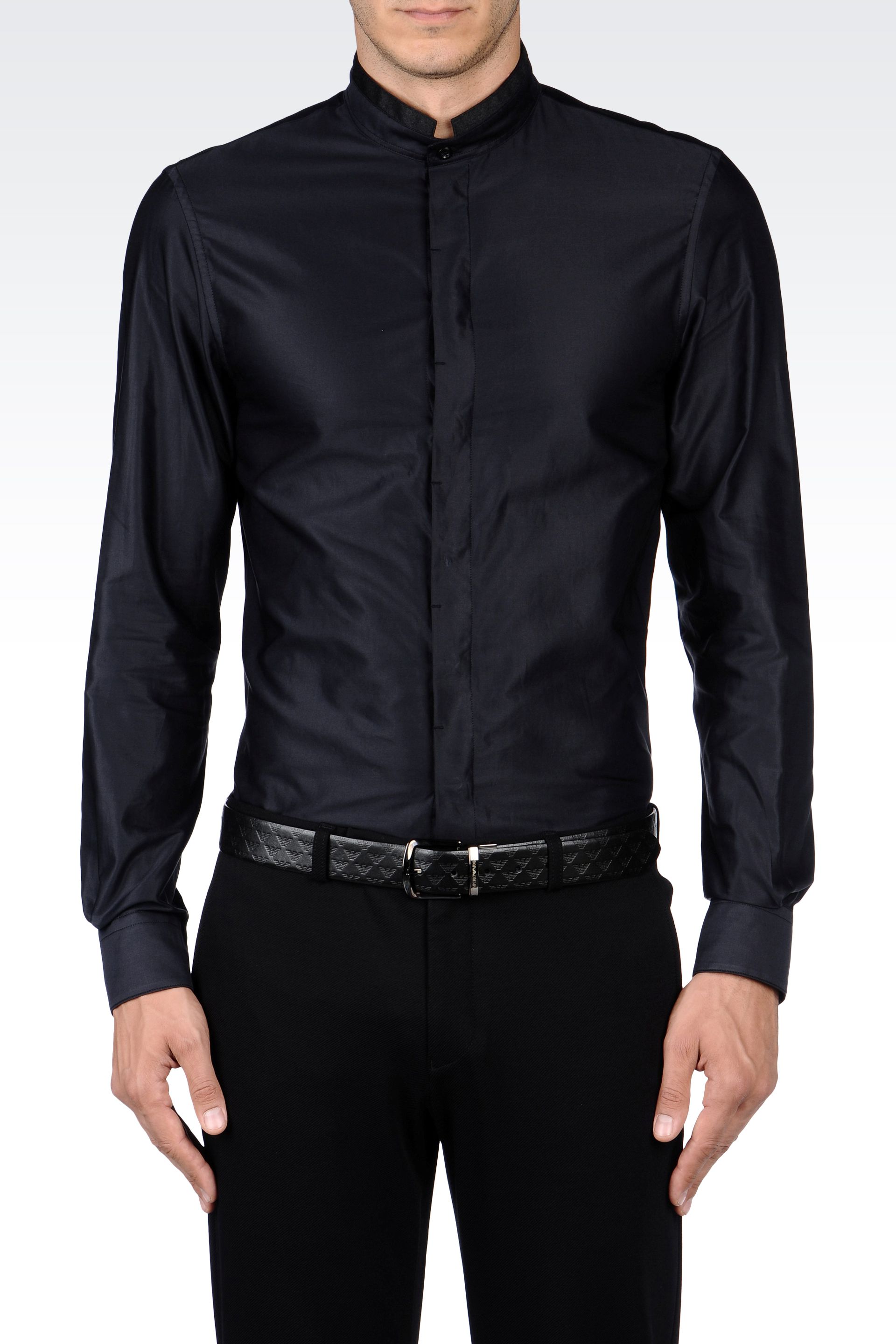 Lyst - Emporio Armani Slim Fit Mandarin Collar Shirt in Poplin in Black ...