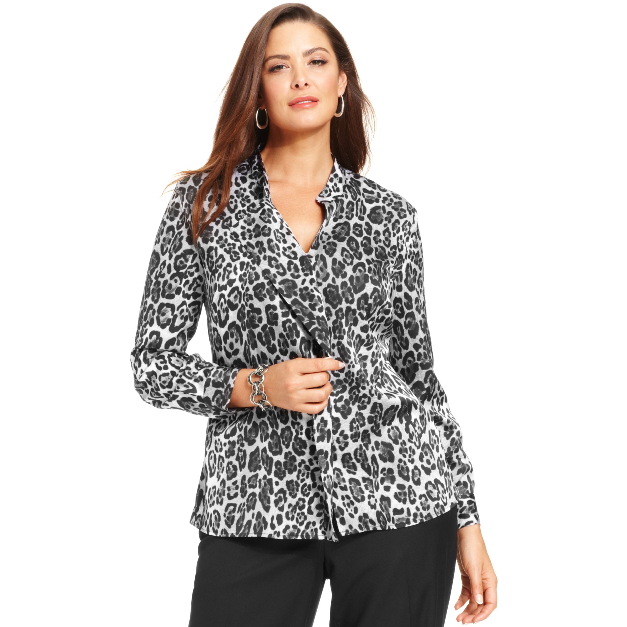 Lyst - Jones New York Long sleeve Leopard print Ruffle Blouse