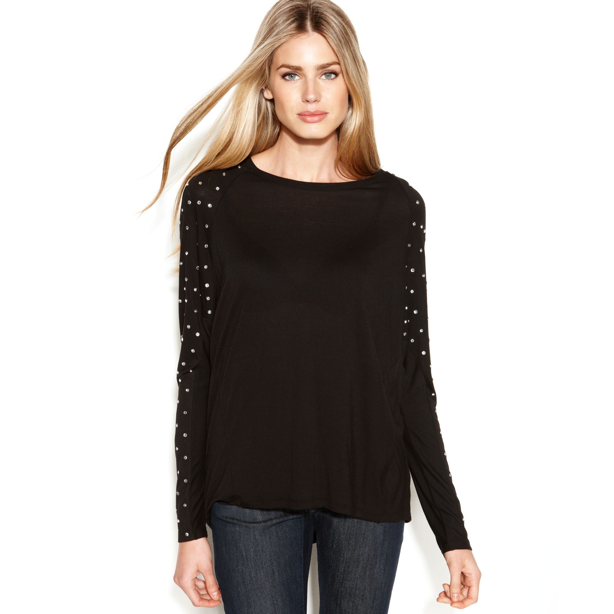 Lyst Michael Kors Long Sleeve Rhinestone Scoop Neck Top in Black