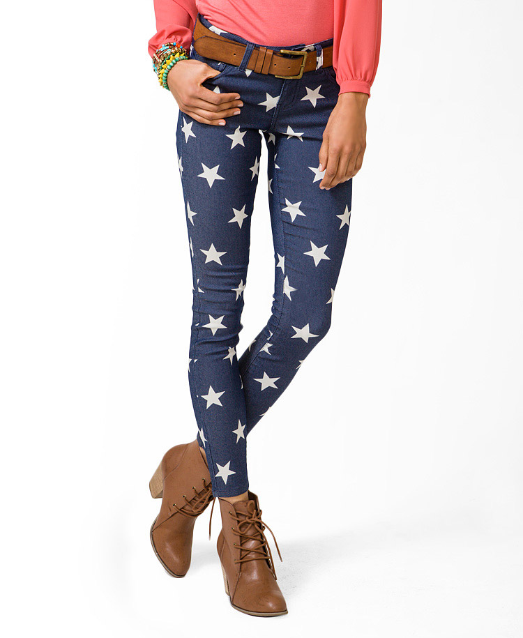 Forever 21 Star Print Skinny Jeans in Blue | Lyst