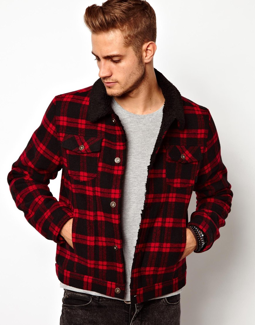 Asos Wool Check Jacket in Red for Men | Lyst