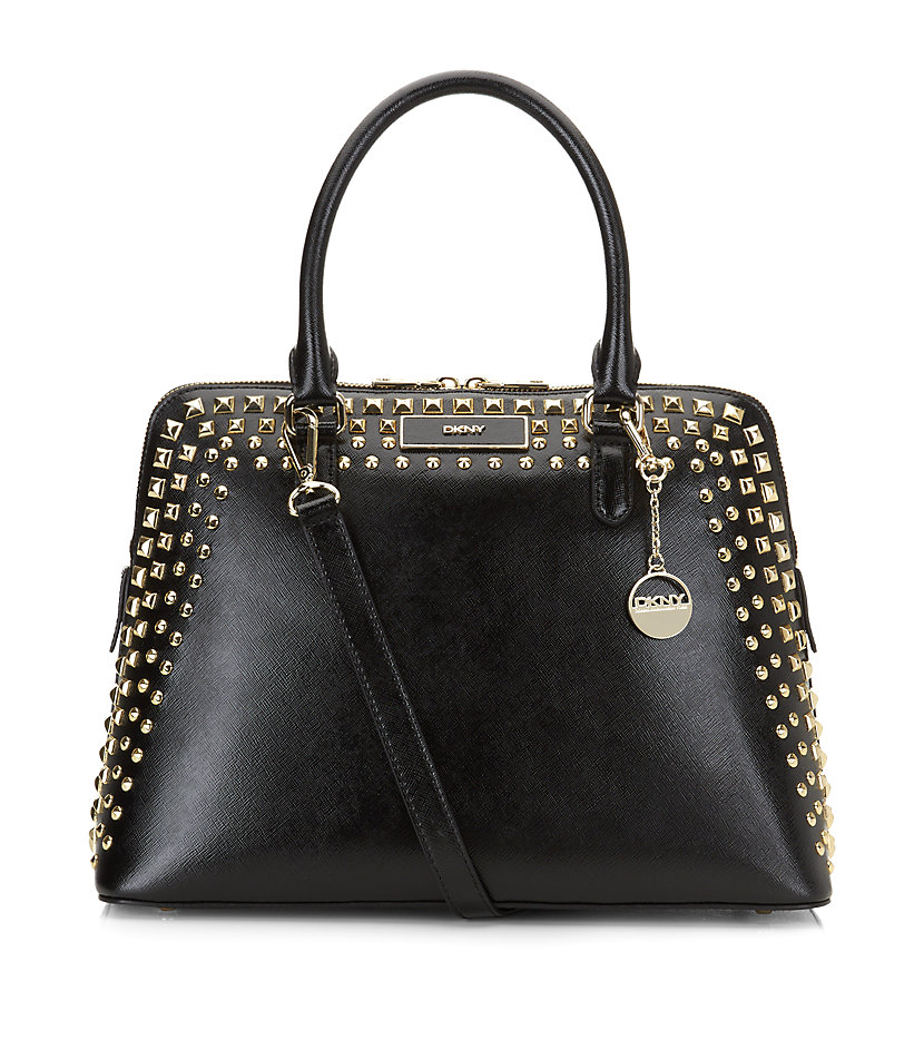 Dkny Shiny Saffiano Studded Round Satchel in Black Lyst