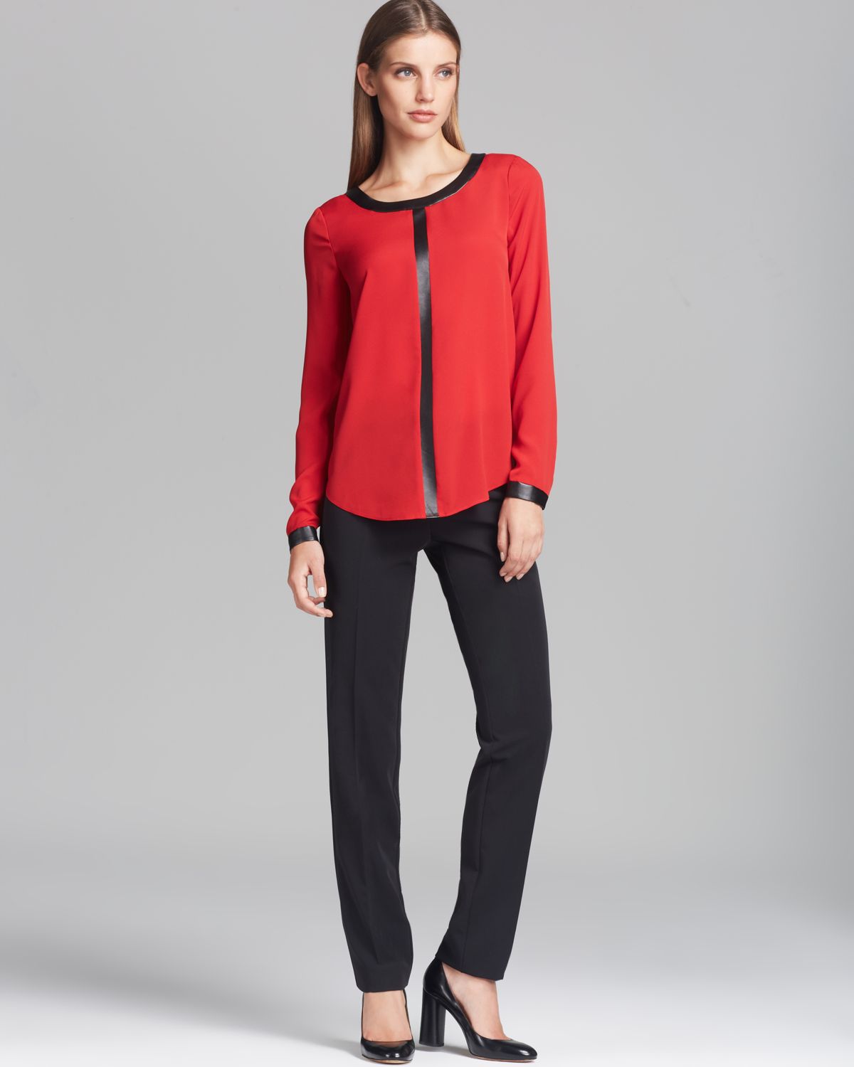 Dkny Blouse with Faux Leather Trim in Red | Lyst