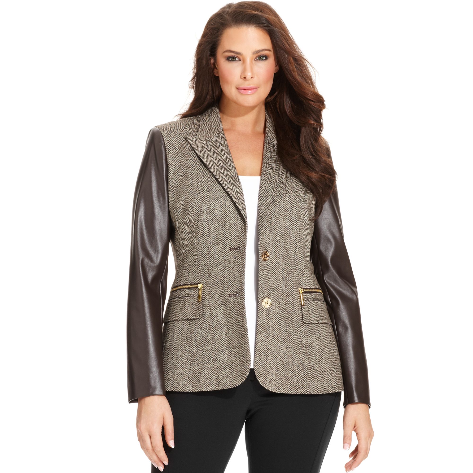 Michael kors Herringbone Fauxleathertrim Blazer in Brown | Lyst